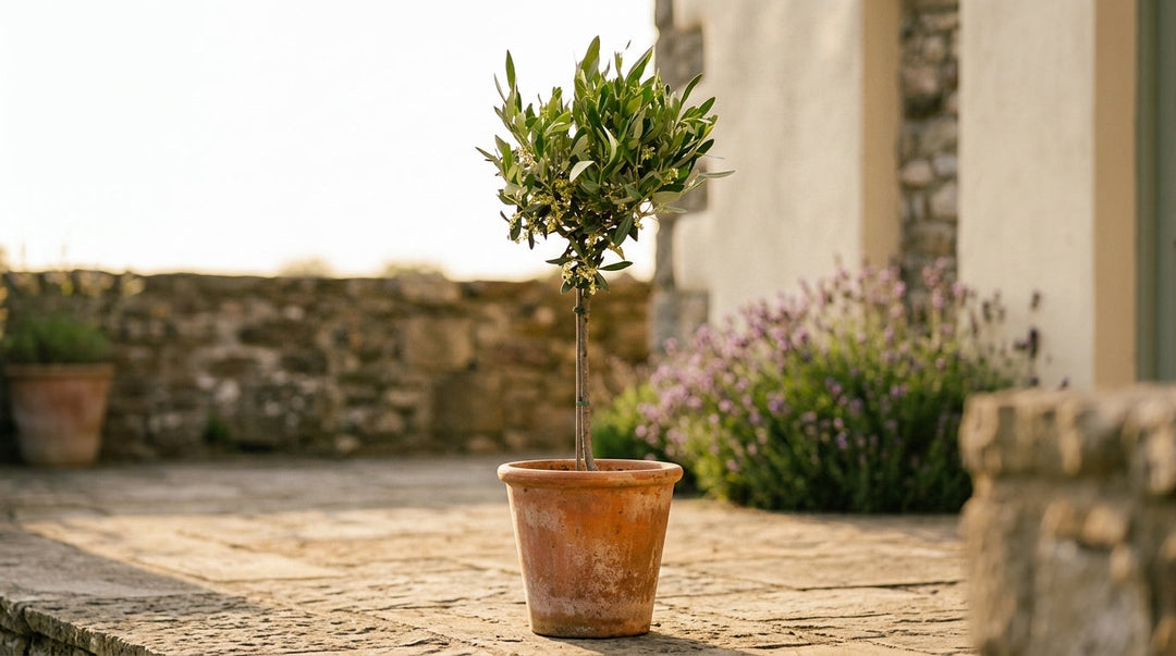 Mediterranean olive tree on stem in terracotta pot in Irish patio garden — Olea europaea outdoor and indoor care guide for Ireland