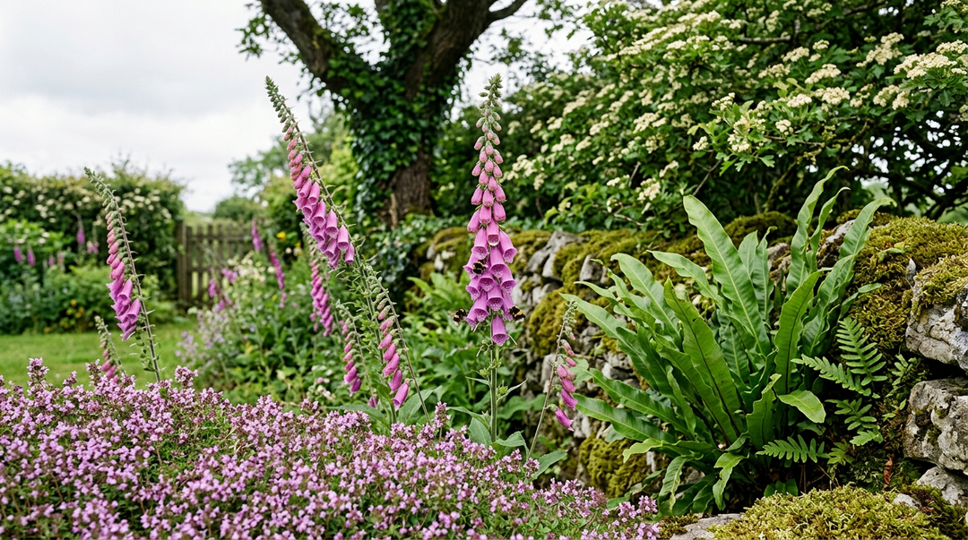 Authentic Irish native garden — foxgloves, wild thyme, Hart's Tongue fern in dry-stone wall, hawthorn hedge in flower, native ivy on tree