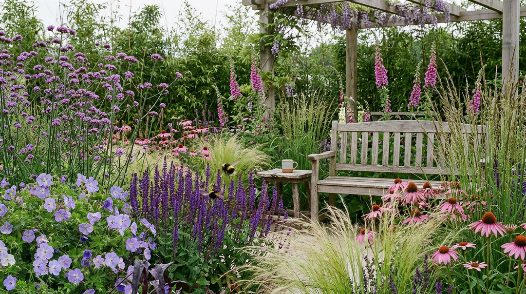 Bloom 2026 naturalistic show garden — Verbena bonariensis, Salvia, Echinacea, Geranium Rozanne with Wisteria pergola in Bord Bia Phoenix Park style
