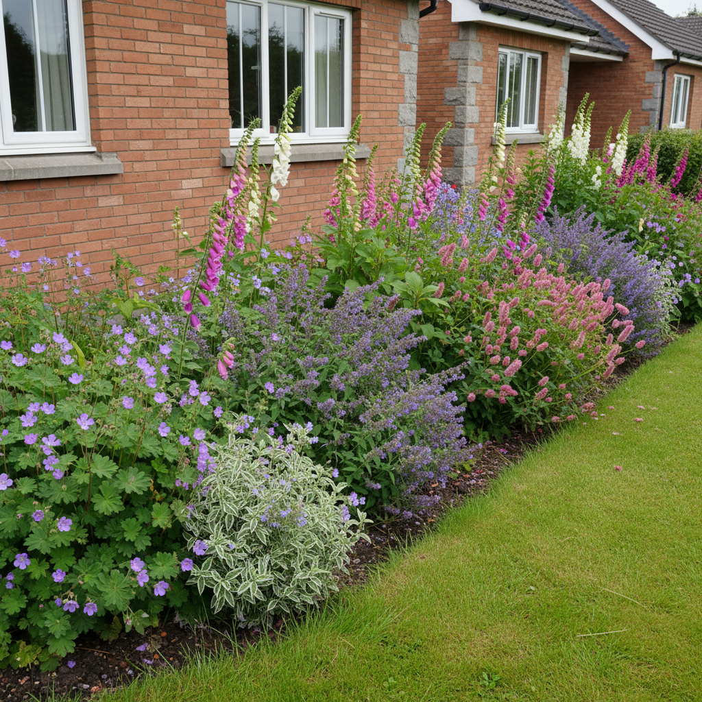 Perennial border in an Irish garden — mixed Geranium, Heuchera, Salvia and grasses behind a hedge backbone