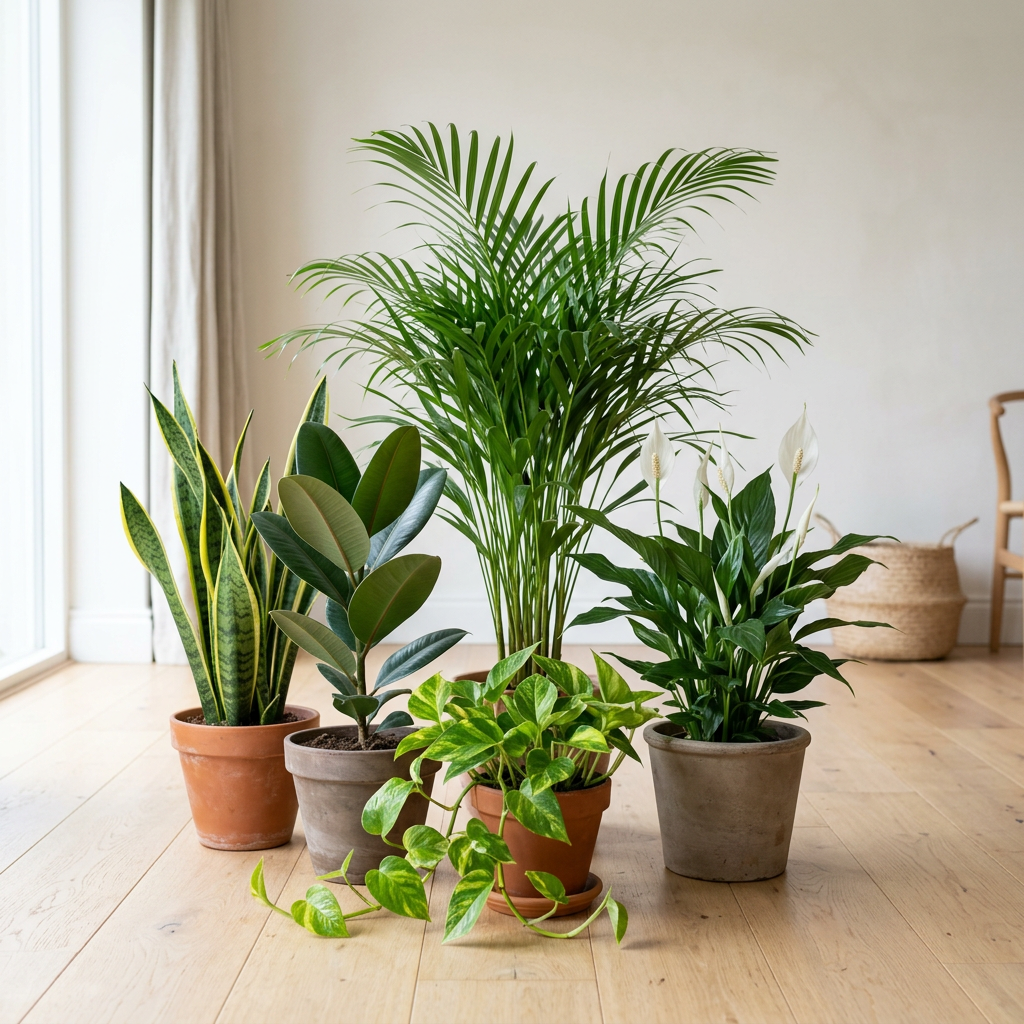 Air purifying houseplants collection — Areca Palm, Snake Plant, Rubber Plant, Peace Lily in bloom and trailing Golden Pothos grouped on an oak floor in a bright room