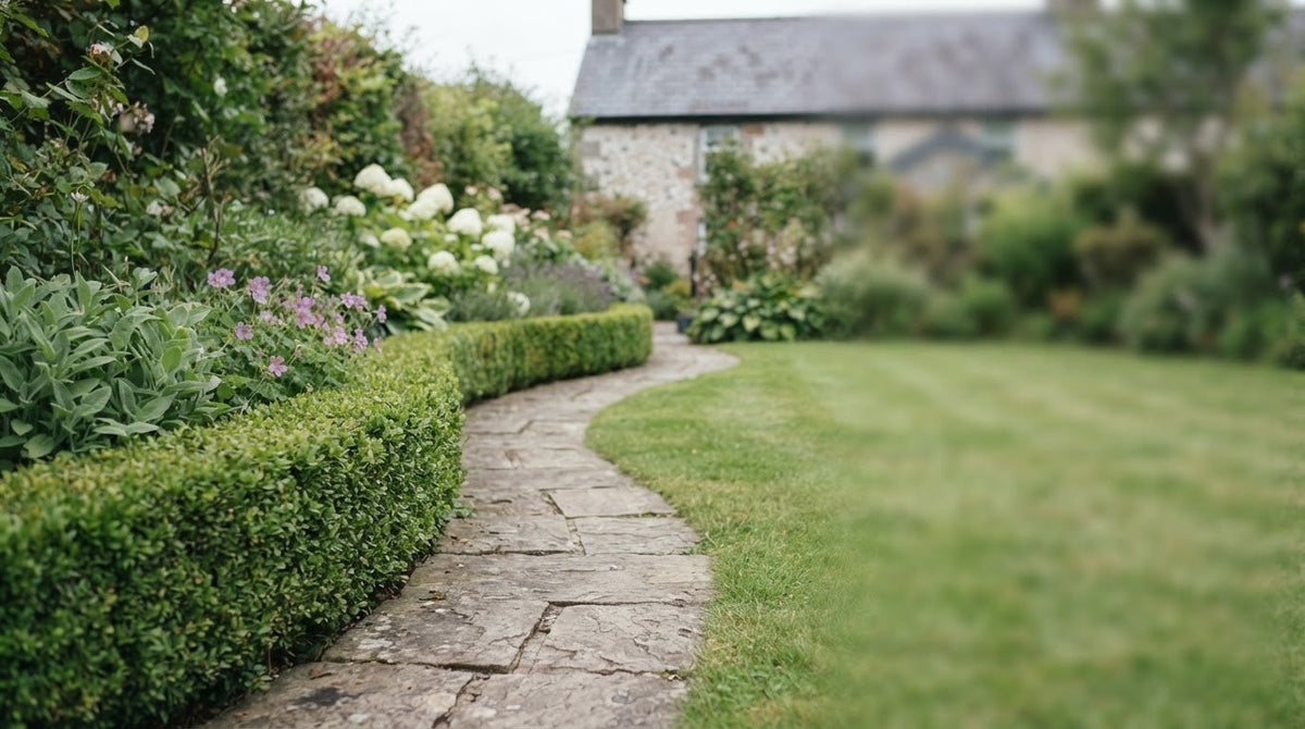 Low clipped box hedge edging a garden path and lawn
