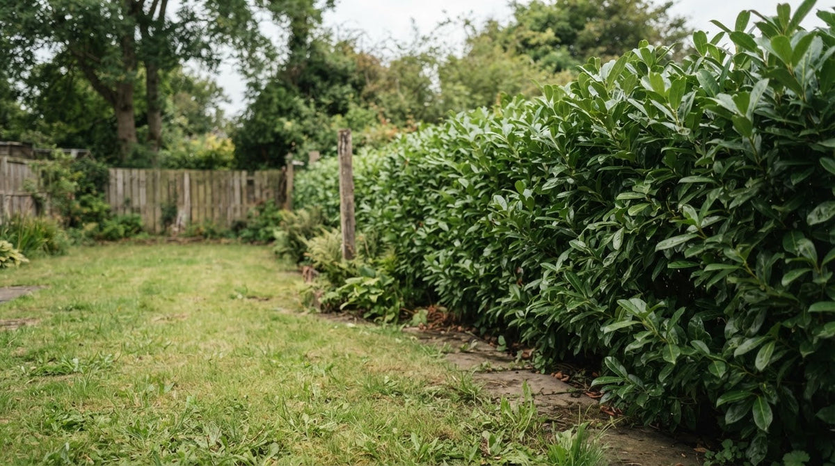 Glossy green cherry laurel hedge along the boundary of a back garden
