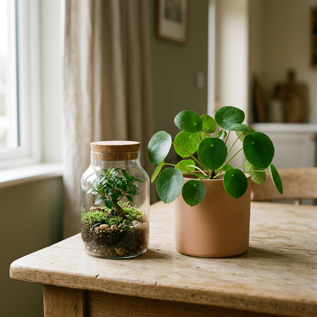 Potted plant gifts - a glass bonsai terrarium with a cork lid beside a leafy houseplant in a plain ceramic pot on a wooden table