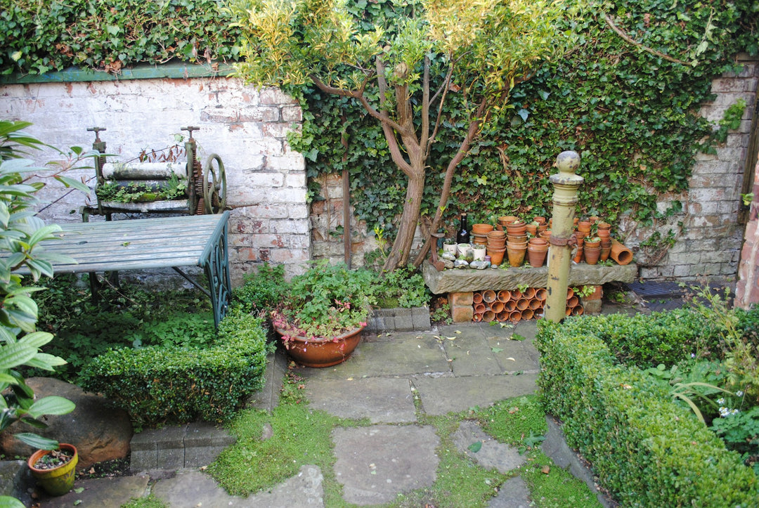 A walled courtyard with stacked terracotta pots and trailing plants