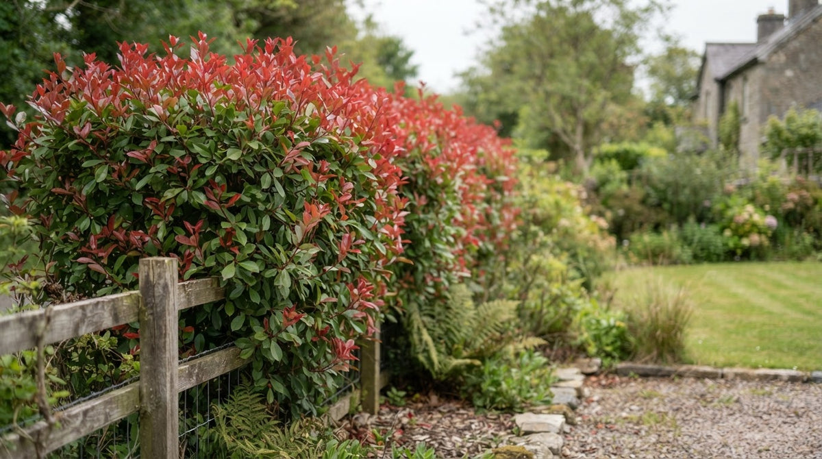 Photinia Red Robin hedge with red new growth beside a wooden fence