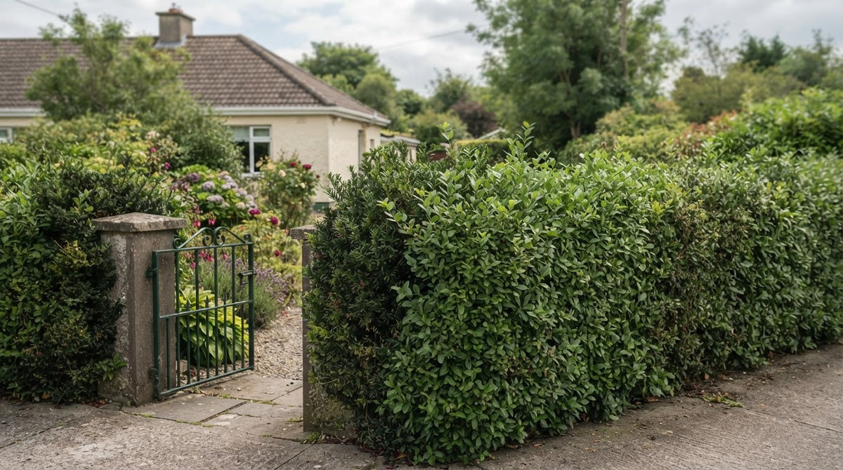 Dense green privet and yew hedge along a front garden boundary