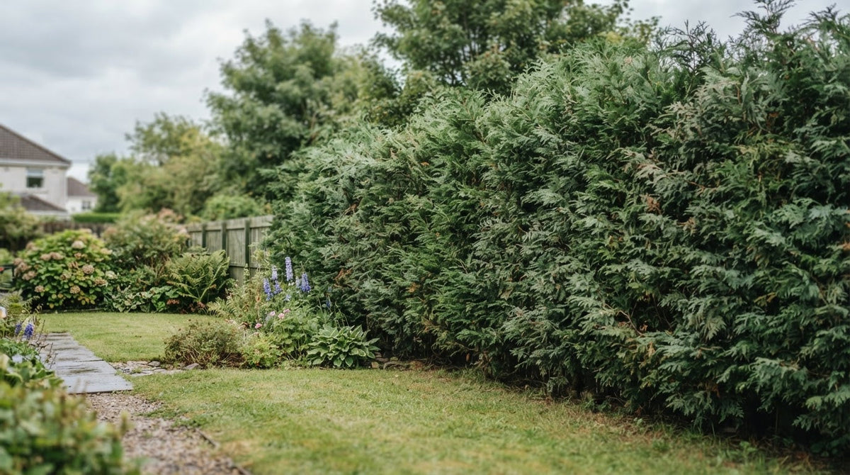 Tall evergreen Thuja and Leyland cypress screen at the back of a garden