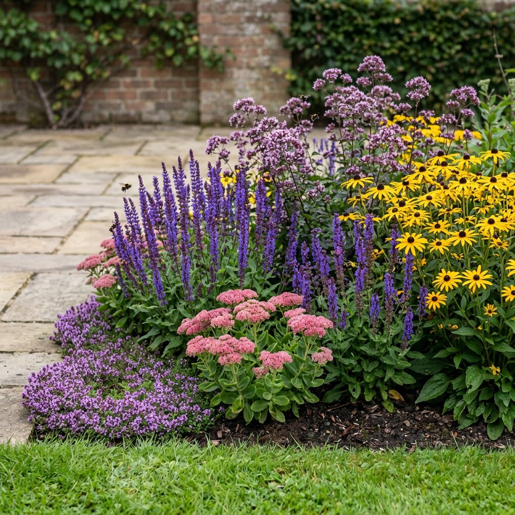 Illustration of the Amsterdam border once established, planted with Thymus praecox, Origanum laevigatum, Salvia nem., Rudbeckia fulgida and Sedum
