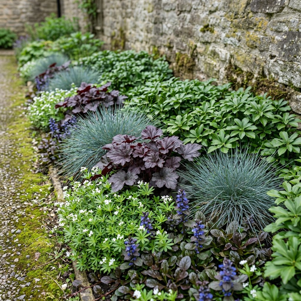 Illustration of the Brussels border once established, planted with Pachysandra term., Heuchera mic., Galium odoratum, Festuca glauca and Ajuga reptans