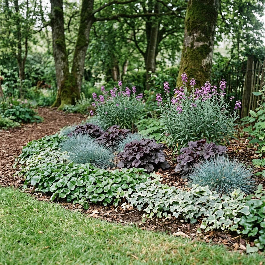Illustration of the Budapest border once established, planted with Hedera helix, Heuchera mic., Asarum europaeum, Festuca glauca and Erysimum