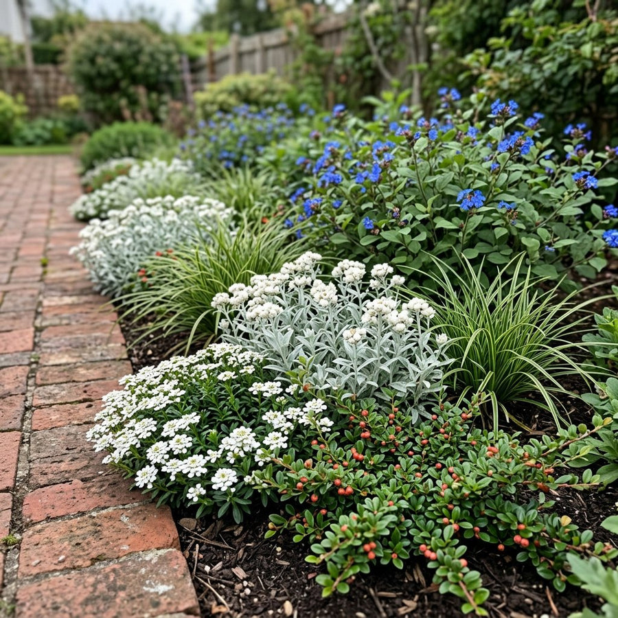 Illustration of the Frankfurt border once established, planted with Cotoneaster suec., Anaphalis triplinervis, Iberis semp., Carex morrowii and Ceratostigma plumbaginoides