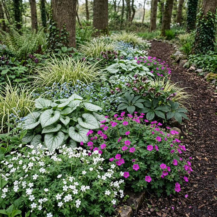 Illustration of the Helsinki border once established, planted with Geranium, Brunnera macrophylla, Helleborus orientalis, Carex morrowii and Geranium sang.