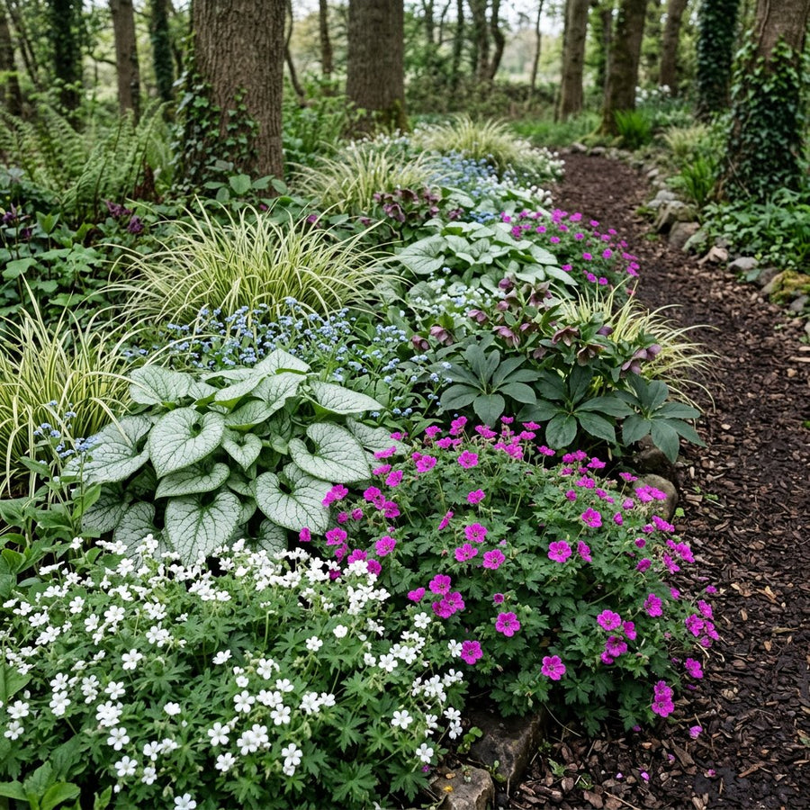Illustration of the Helsinki border once established, planted with Geranium, Brunnera macrophylla, Helleborus orientalis, Carex morrowii and Geranium sang.