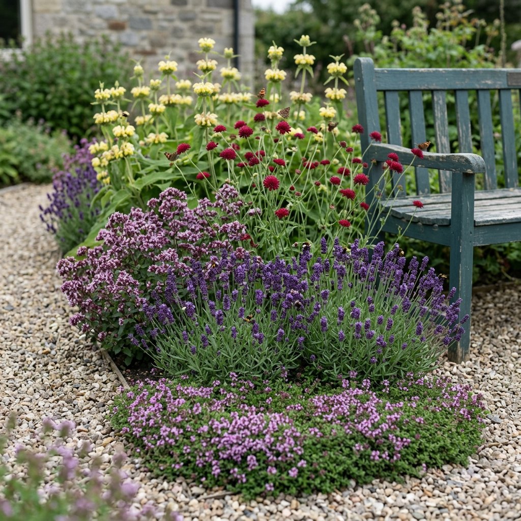 Illustration of the Limerick border once established, planted with Thymus praecox, Origanum laevigatum, Lavandula ang., Knautia macedonica and Phlomis russeliana