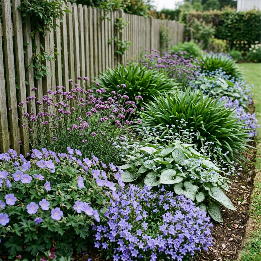 Illustration of the Luxembourg border once established, planted with Geranium, Campanula pers., Brunnera macrophylla, Verbena bon. and Luzula sylvatica