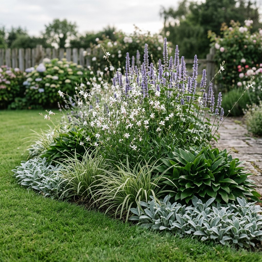 Illustration of the Lyon border once established, planted with Luzula sylvatica, Carex morrowii, Agastache, Gaura lindheimeri and Stachys byzantina