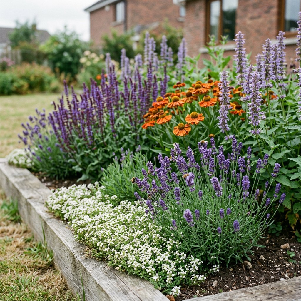 Illustration of the Milan border once established, planted with Thymus praecox, Lavandula ang., Salvia nem., Agastache and Helenium