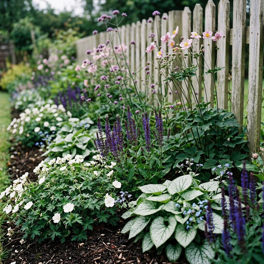 Illustration of the Monaco border once established, planted with Geranium sang., Anemone tom., Brunnera macr., Salvia nem. and Verbena bon.