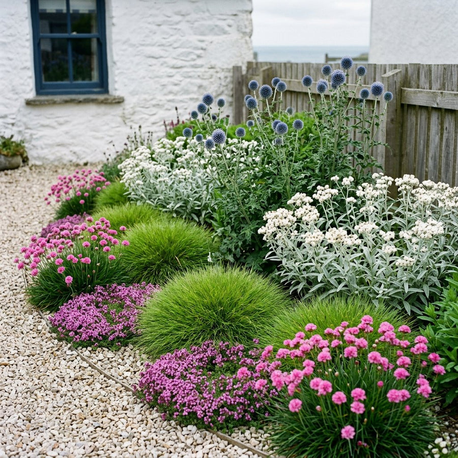 Illustration of the Munich border once established, planted with Armeria m., Festuca gautieri, Thymus praecox, Echinops ritro and Anaphalis triplinervis