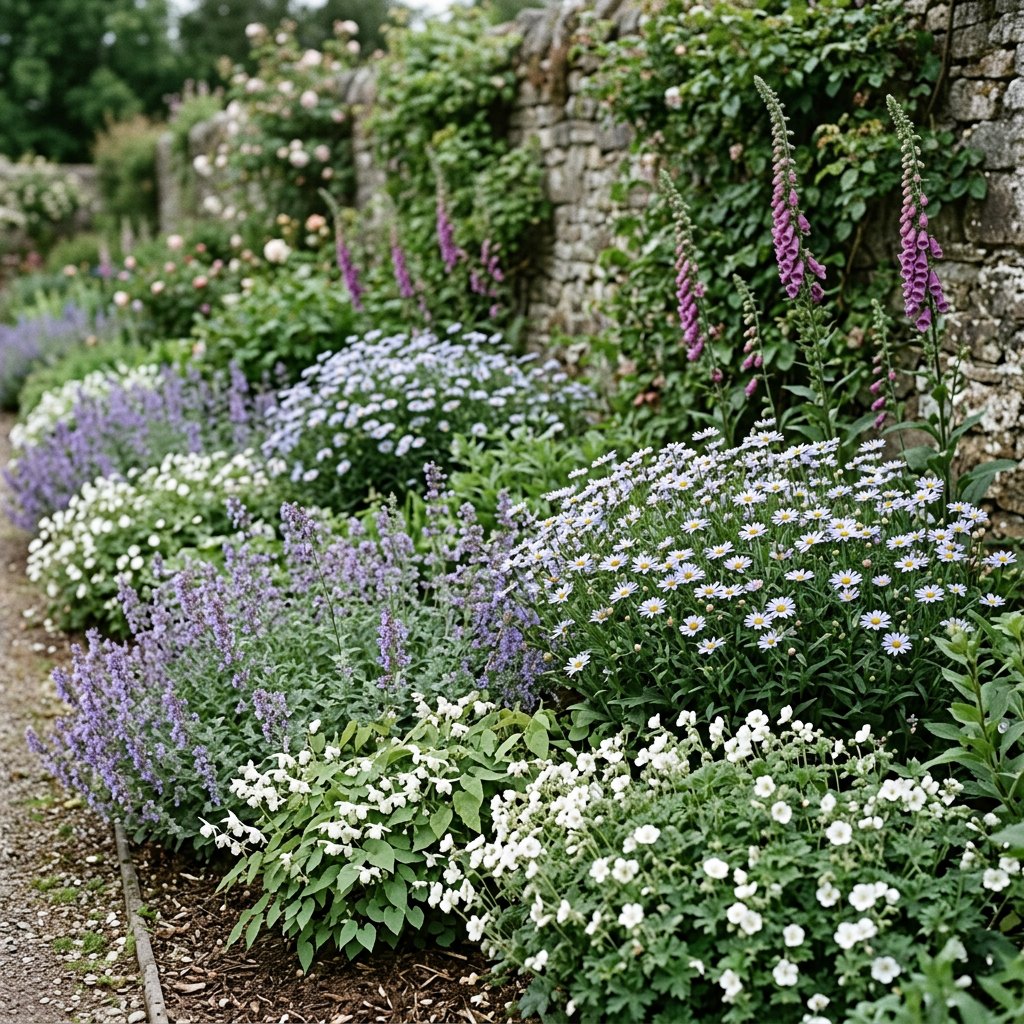 Illustration of the Oslo border once established, planted with Geranium macr., Digitalis purpurea, Kalimeris incisa, Nepeta and Epimedium y.