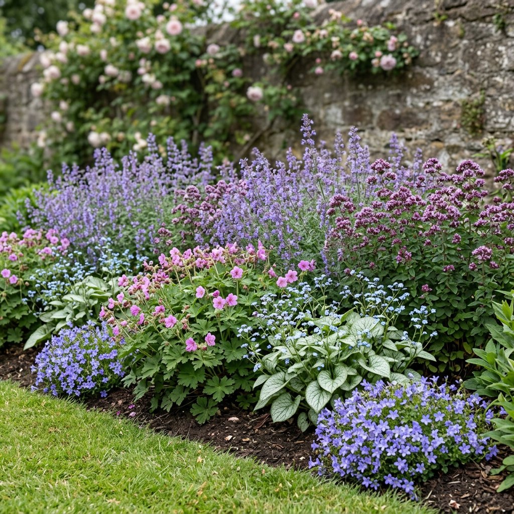 Illustration of the Prague border once established, planted with Geranium macr., Campanula poscharskyana, Brunnera macr., Nepeta faassenii and Origanum laevigatum