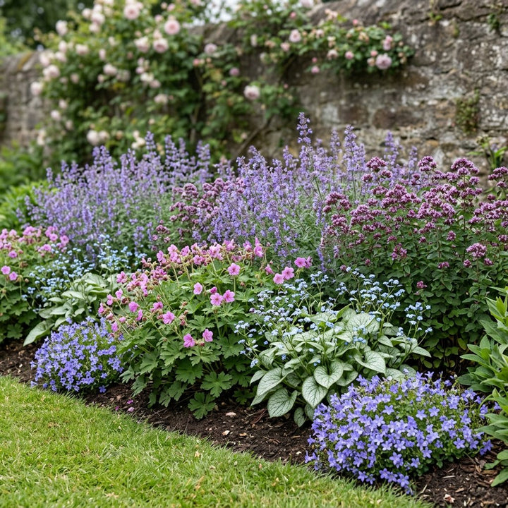 Illustration of the Prague border once established, planted with Geranium macr., Campanula poscharskyana, Brunnera macr., Nepeta faassenii and Origanum laevigatum