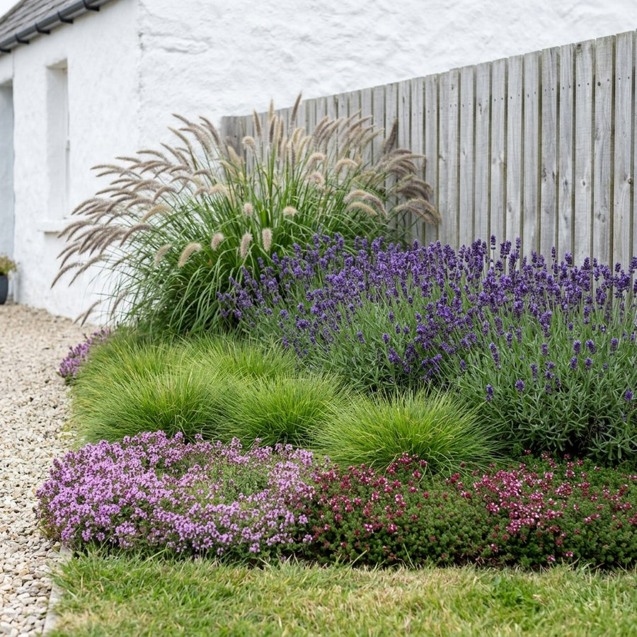 Illustration of the Rhodes border once established, planted with Festuca gautieri, Pennisetum alopecuroides, Thymus praecox, Lavandula ang. and Thymus serpyllum