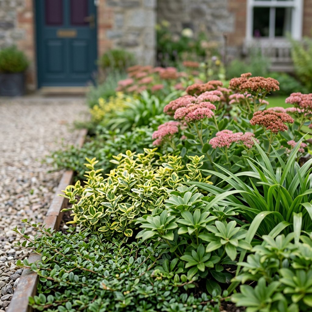 Illustration of the Rome border once established, planted with Cotoneaster pr., Euonymus fort., Pachysandra terminalis, Luzula sylvatica and Sedum
