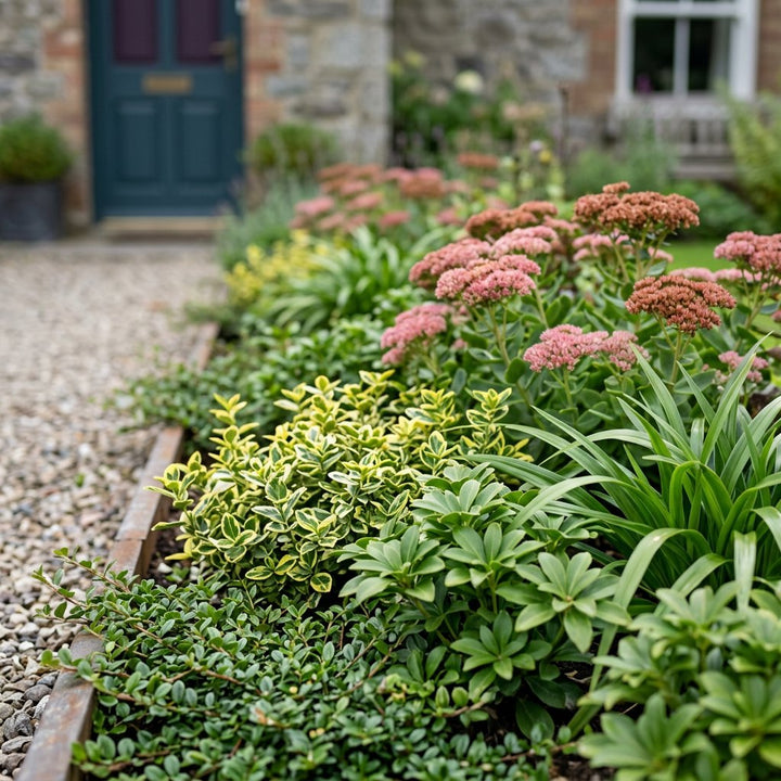 Illustration of the Rome border once established, planted with Cotoneaster pr., Euonymus fort., Pachysandra terminalis, Luzula sylvatica and Sedum