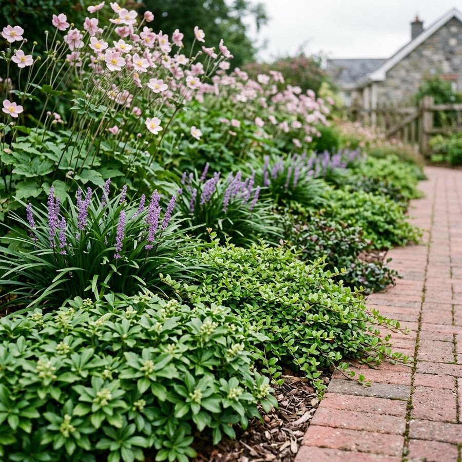 Illustration of the Rotterdam border once established, planted with Euonymus fort., Euonymus fort., Pachysandra term., Liriope muscari and Anemone tom.