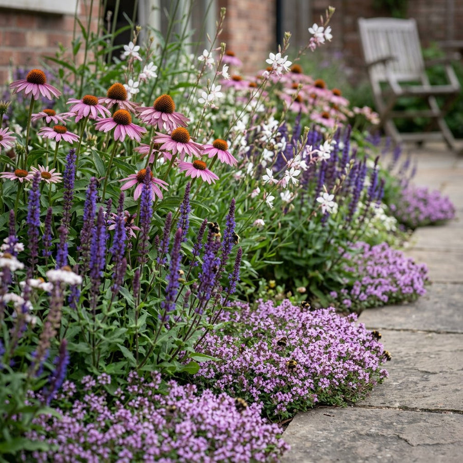 Illustration of the Salzburg border once established, planted with Thymus serpyllum, Salvia nem., Salvia nem., Echinacea p. and Gaura l.