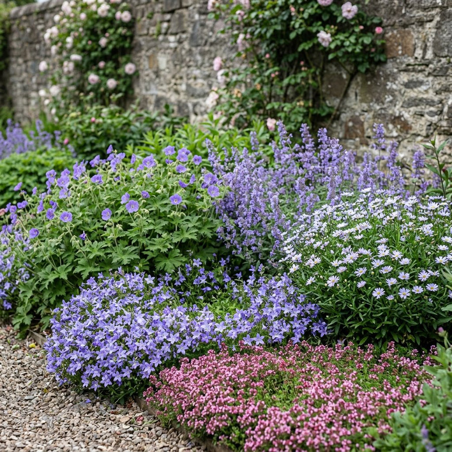 Illustration of the Seville border once established, planted with Geranium, Campanula poscharskyana, Kalimeris incisa, Nepeta and Thymus praecox