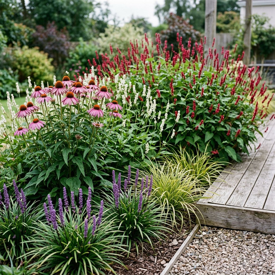 Illustration of the Tirana border once established, planted with Carex morrowii, Liriope muscari, Echinacea p., Persicaria amplexicaulis and Persicaria a.