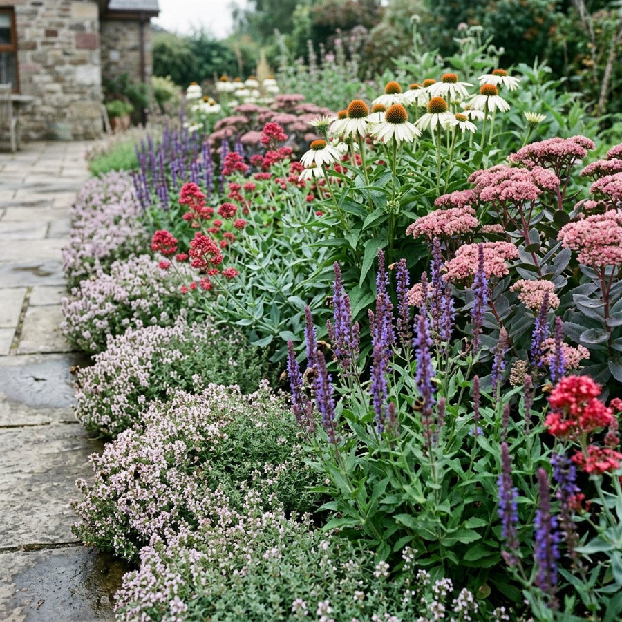 Illustration of the Vila Nova de Gaia border once established, planted with Thymus vulgaris, Salvia nem., Centranthus ruber, Echinacea p. and Sedum