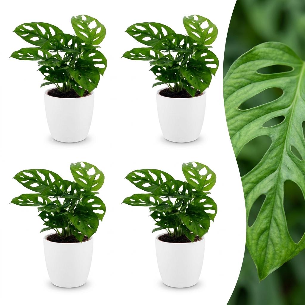 Four Monstera adansonii plants with holed leaves in white decorative pots