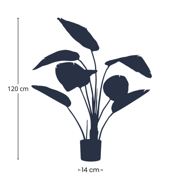 Strelitzia artificial plant, 120cm tall, in black pot, by Everspring, features large green leaves.