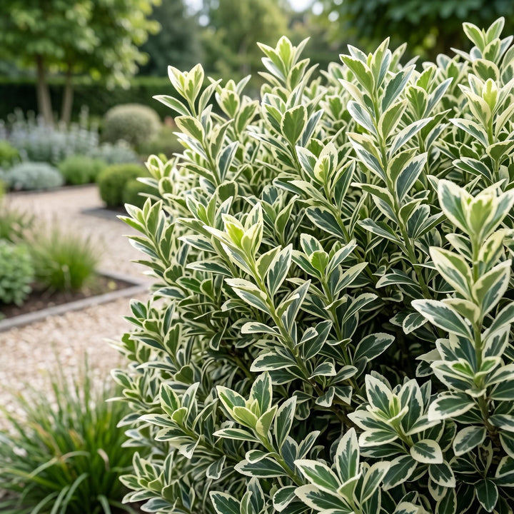 40x Euonymus japonicus White Spire - Spindle Tree - Hedge Plants - Evergreen - White - Green - Pot 9cm - Height 20-30cm