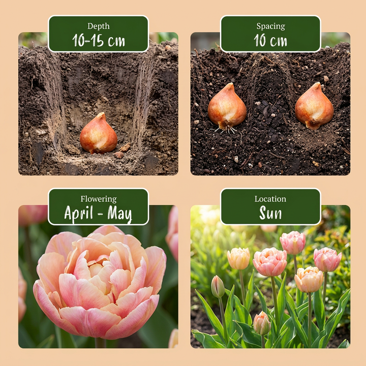 96x Tulipa Peaches & Kisses - Tulipe Pêches & Bisous - Divers - Floraison printanière - Calibre 11/12
