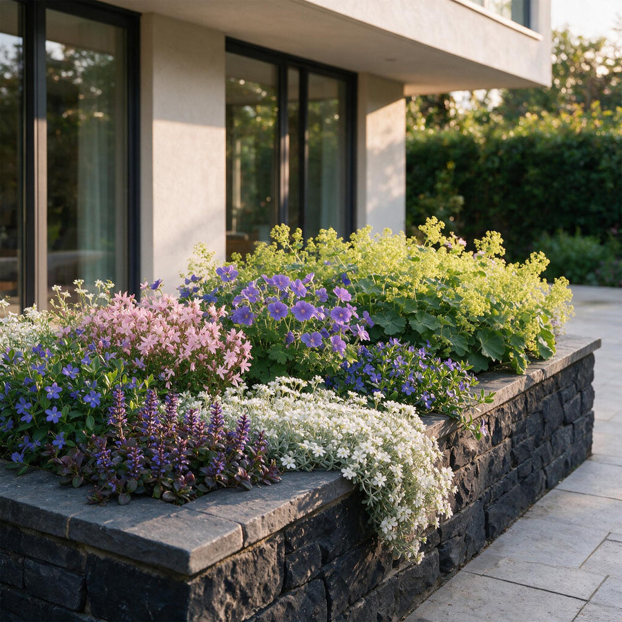 Mixed ground cover perennials including bugle, lady's mantle and blue geranium forming a dense carpet, 12-plant pack in 11cm pots