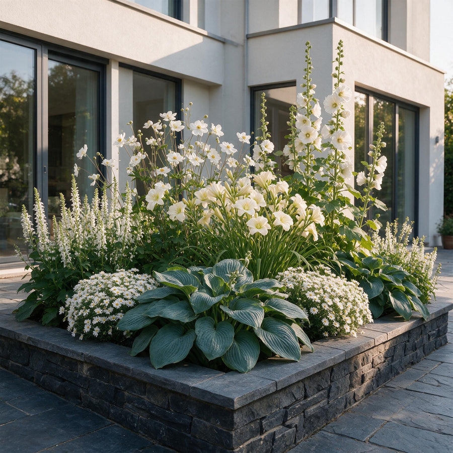 All-white perennial border with hollyhocks, white anemones and white asters in flower, 12-plant pack in 11cm pots