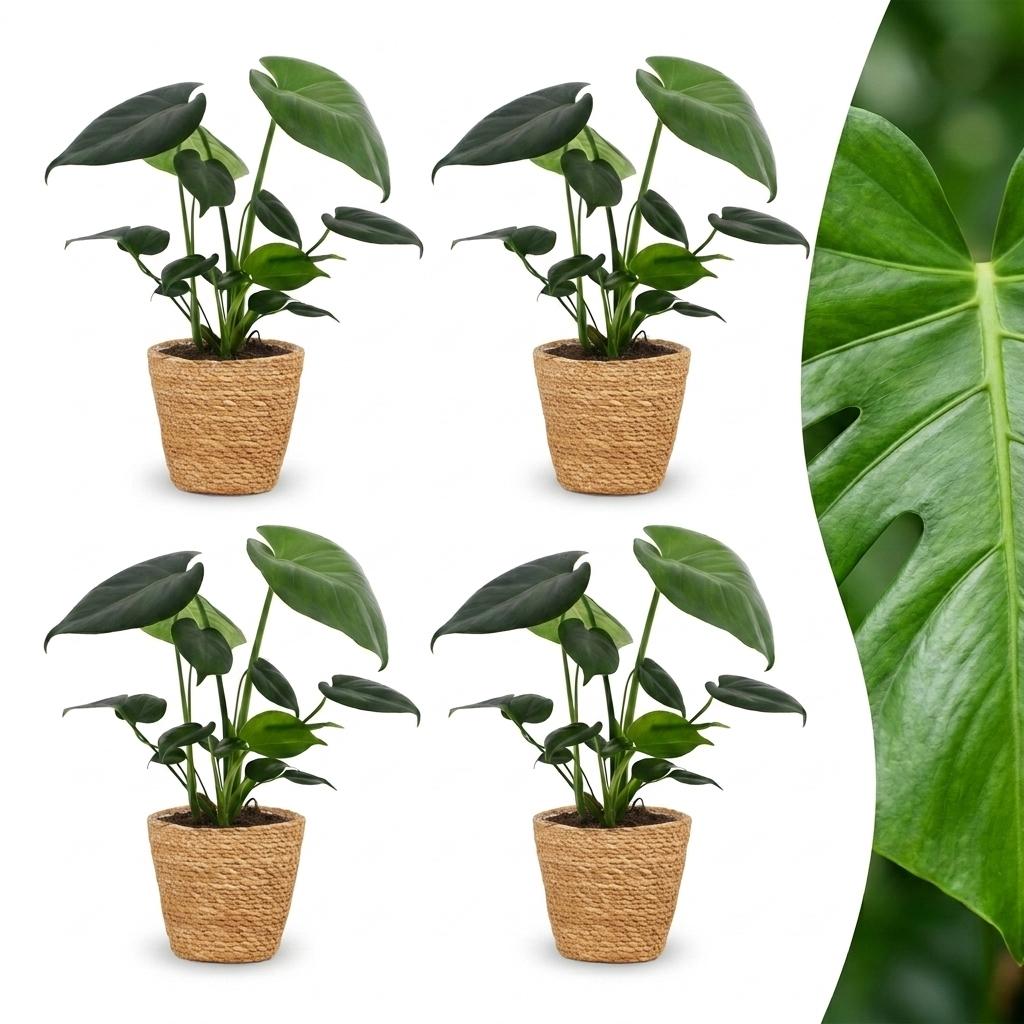 Monstera Deliciosa - Swiss Cheese Plant - 4 Plants - with Basket - Pot 12cm - Height 30cm