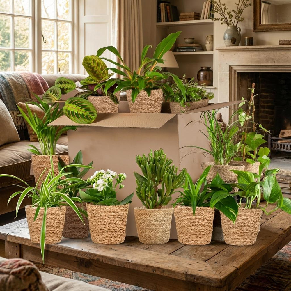 Green Second Chance Box of 12 houseplants in seagrass baskets