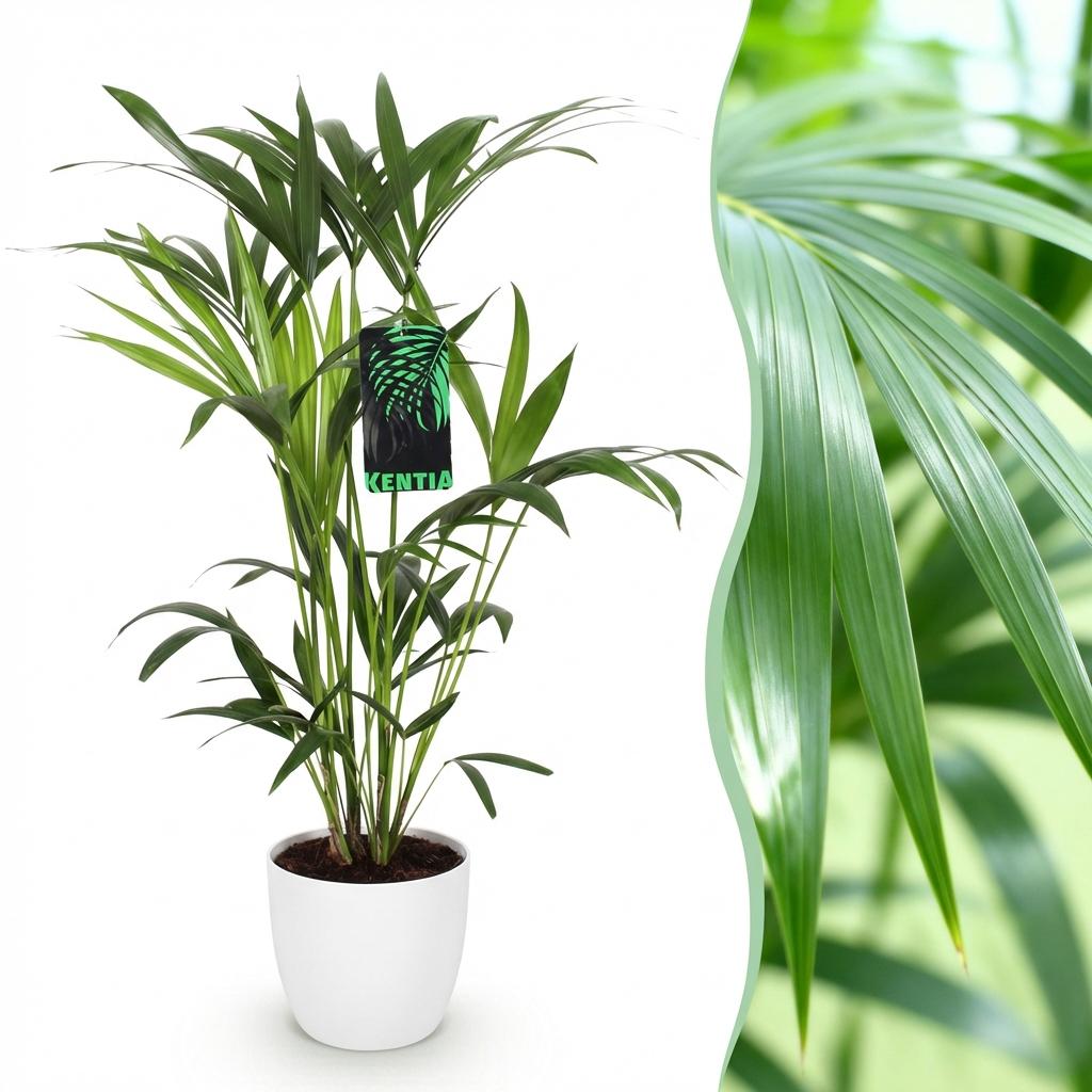 Kentia palm Howea forsteriana with arching feathery fronds in a matte white decorative pot