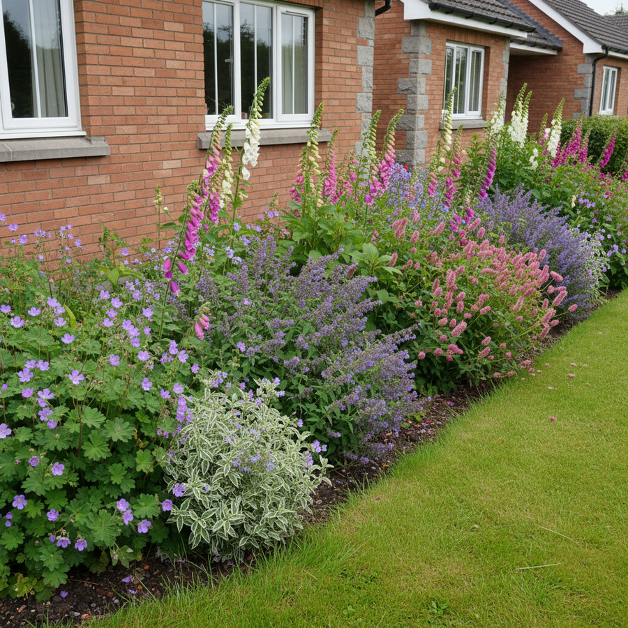 Mixed perennial border with purple geraniums, pink lythrums, lavender, white foxgloves and silvery artemisia against…