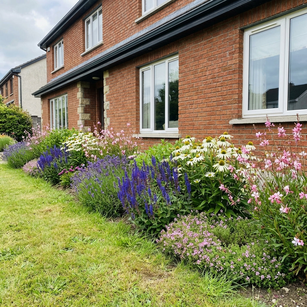 Perennial border garden with lavender, coneflowers, and phlox flowering against brick house