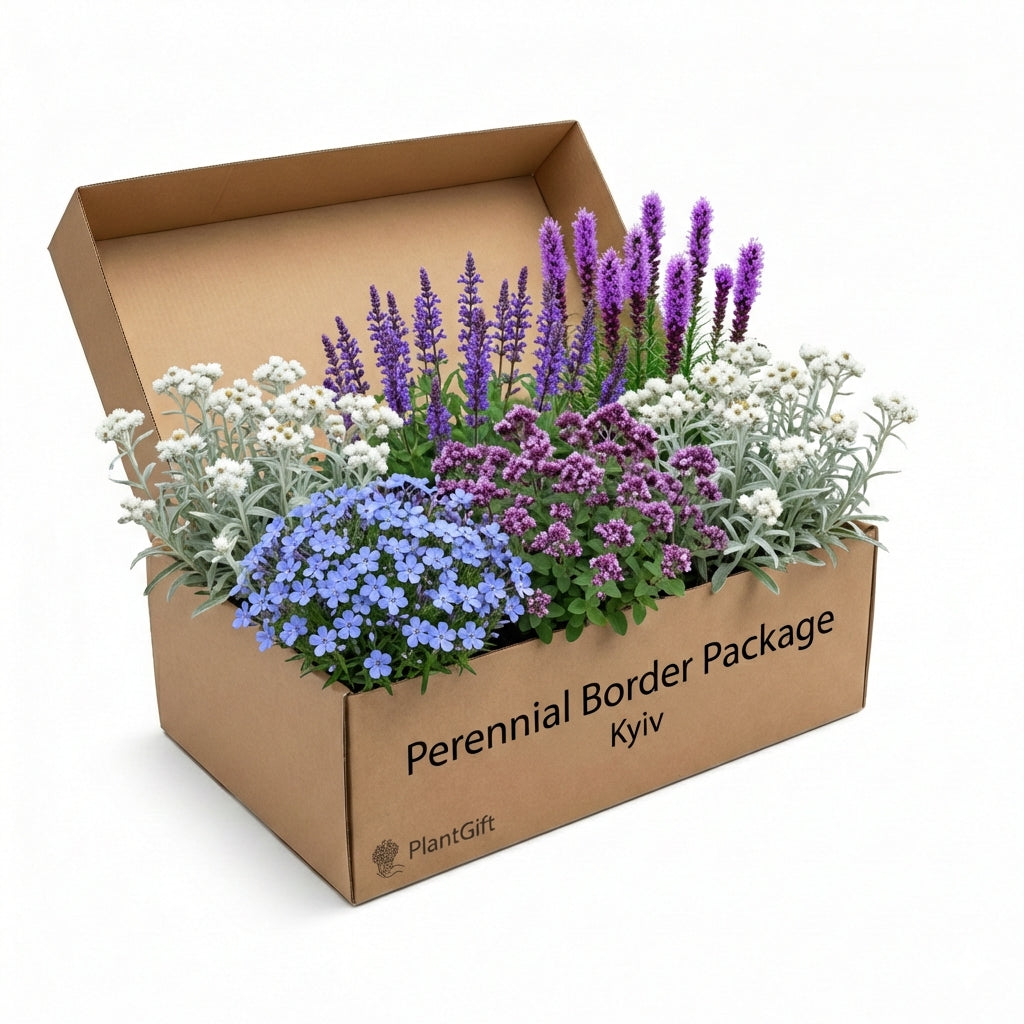 Perennial Border Package Kyiv in cardboard box containing blue forget-me-nots, purple liatris spikes, magenta phlox,…